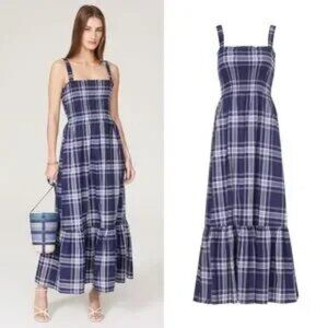 HILL HOUSE Plaid Sleeveless Square Neck Smocked Ruffle Tiered Maxi Nap Dress S
